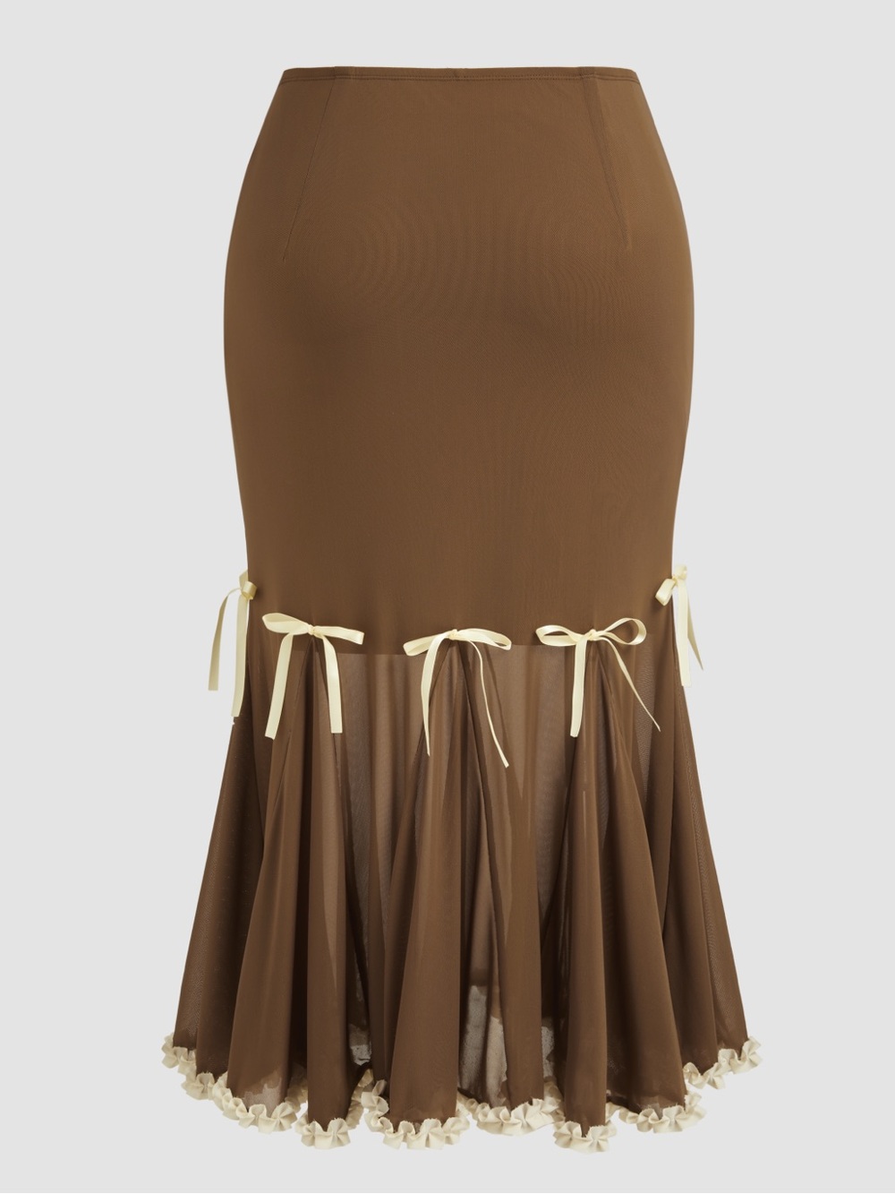 Cider chocolate Brown stretch ruffle trim retro look maxi skirt with bows 1XL - Picture 2 of 7